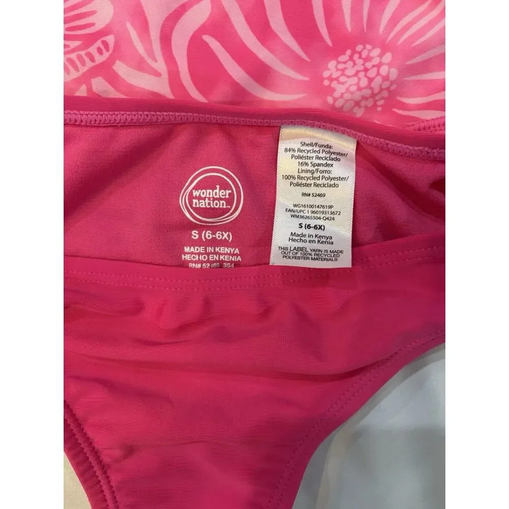 Wonder Nation Girls 2-Piece Rash Guard Bikini Set Long Sleeve Floral Pink S. 035